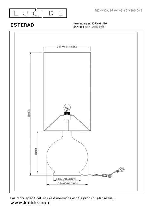 Lucide ESTERAD - Floor lamp - Ø 34 cm - 1xE27 - Black - technical